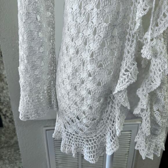 Y2K Coquette Cottagecore 3 Sisters Crochet Open Knit Ruffled Cardigan White LG - Picture 4 of 8